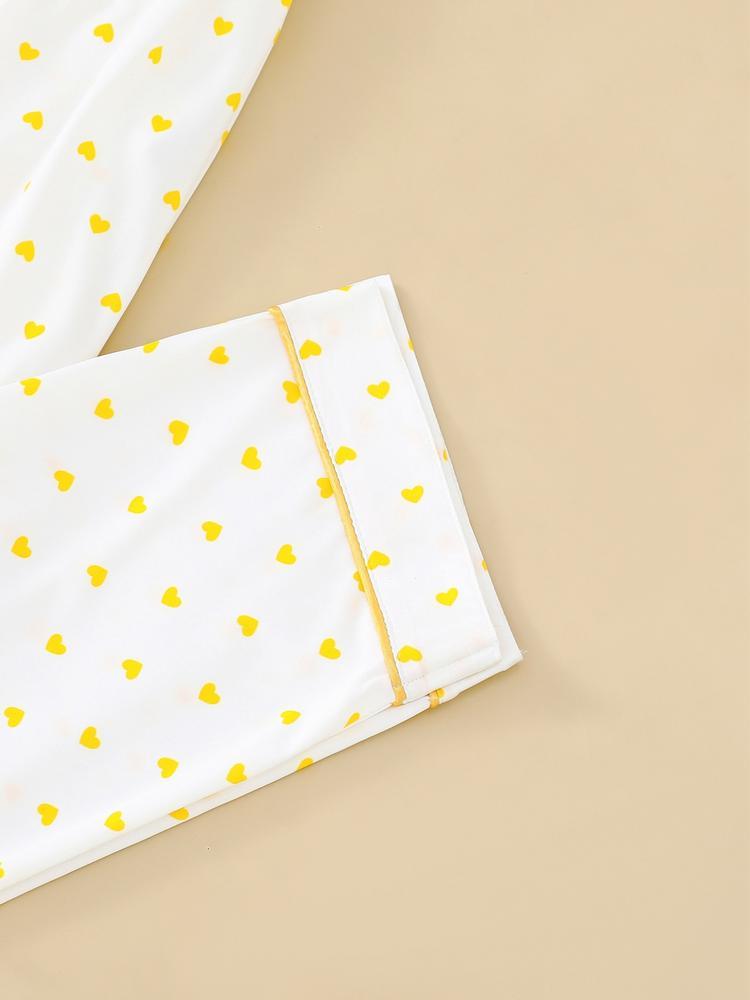 Women's Sleepwear Set, Heart Pattern, Elegant Casual, Comfortable Lapel Short Sleeve Top & Wide Leg Pants, Holiday Party Wear