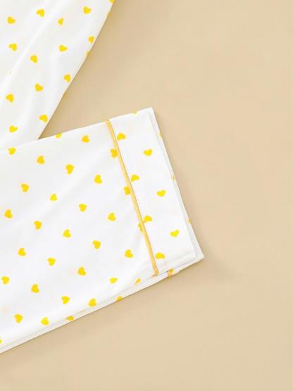 Women's Sleepwear Set, Heart Pattern, Elegant Casual, Comfortable Lapel Short Sleeve Top & Wide Leg Pants, Holiday Party Wear