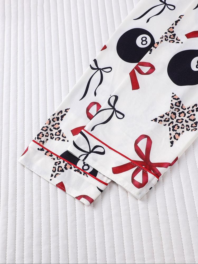 Women's 2-Piece Sleepwear Set, Holiday Party Pajamas, Long Sleeve Button-Down Soft Top and Loose Elastic Pants, Casual Home Wear