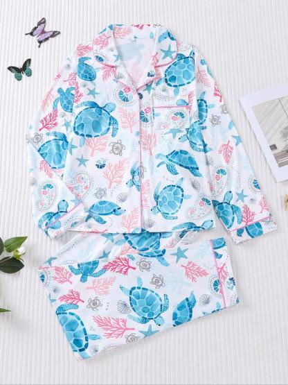 Women's 2-Piece Sleepwear Set, Turtle Print, Casual Fitted Long Sleeve Shirt & Elastic Pants, Soft Comfortable Home Wear Pajamas