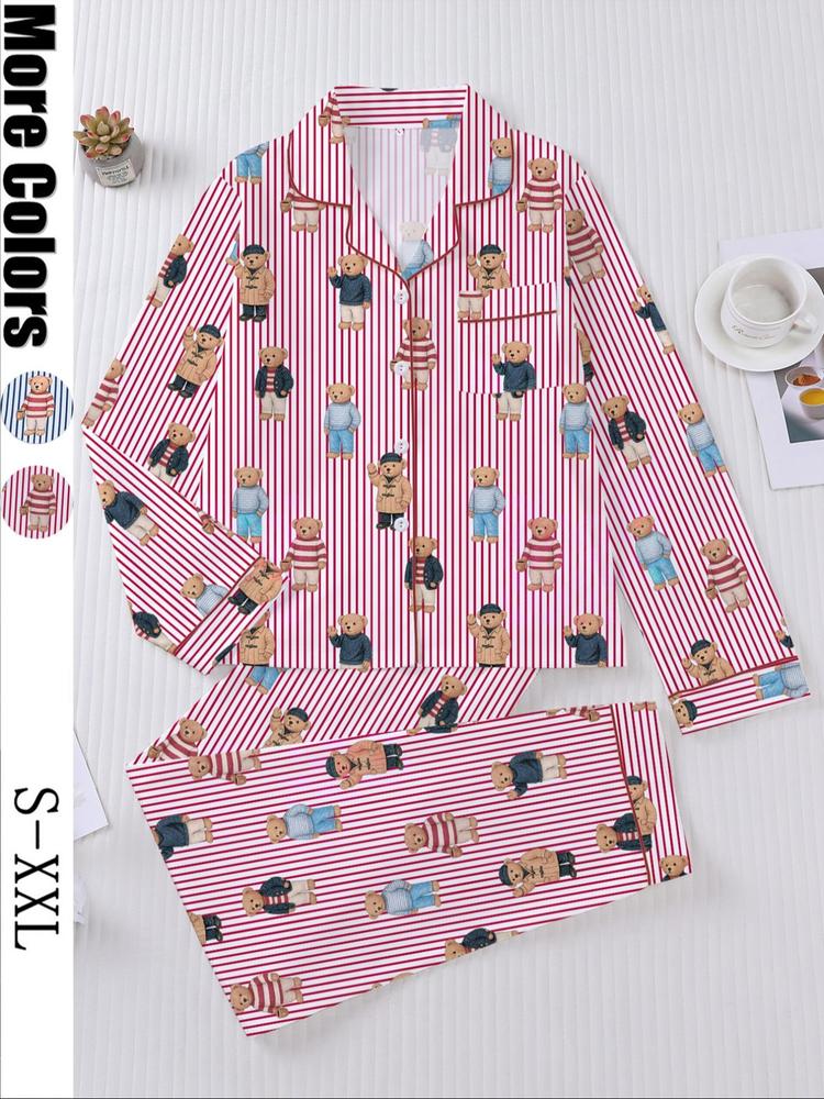 Women's Fall Winter Home Set, Cute Bear Print Pajamas, Casual Long Sleeve Shirt & Elastic Pants, Soft Stretch Fabric, Comfortable