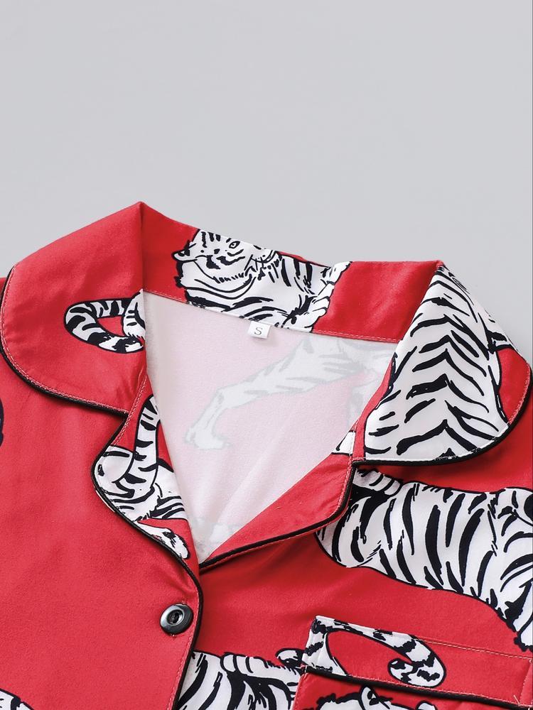 Women's Sleepwear Set, Tiger Animal Print, Elegant for Travel, Comfortable Lapel Short Sleeve Top & Wide Leg Pants, Casual Home Wear, Pajama Set