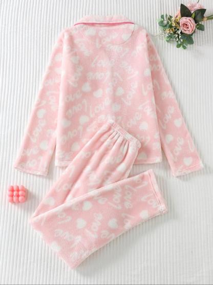 Two-piece Set Women's All Over Cartoon Bear Print Lapel Collar Top & Elastic Waist Pants Pajama Set, Long Sleeve Button Up Top & Pants Pj Set, Women's Sleepwear for Winter