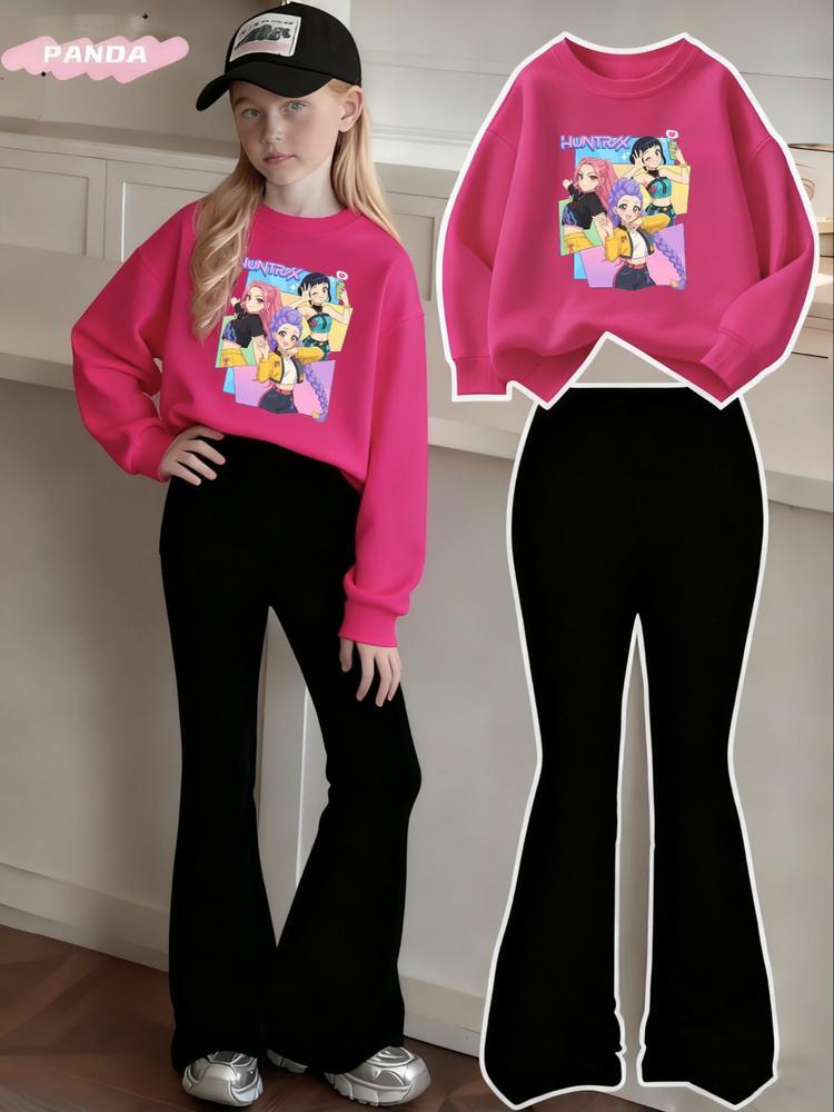 Women's Graphic Print Sweatshirt & Leggings Set, Casual Fitted Elastic Fabric for Spring Fall Outdoor Indoor Activities