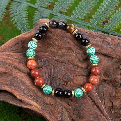1pc Wealth Attraction Crystal Money Attraction Bracelet With Natural Stones - Malachite, Red Tiger Eye, Redstone, Elastic Fit For Prosperity And Abundance, Ideal Gift For Family And Friends