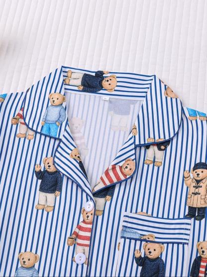 Women's Fall Winter Home Set, Cute Bear Print Pajamas, Casual Long Sleeve Shirt & Elastic Pants, Soft Stretch Fabric, Comfortable