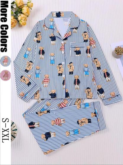 Women's Fall Winter Home Set, Cute Bear Print Pajamas, Casual Long Sleeve Shirt & Elastic Pants, Soft Stretch Fabric, Comfortable