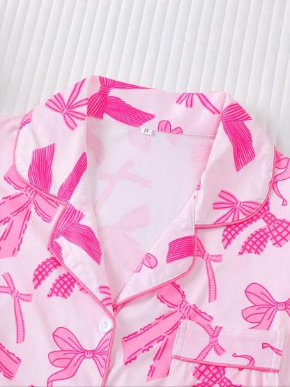 Women's 2-Piece Pajama Set, Bowknot Print, Holiday Party Sleepwear, Soft Shirt Collar Top & Elastic Pants, Casual Home Wear, Matching Pj Set