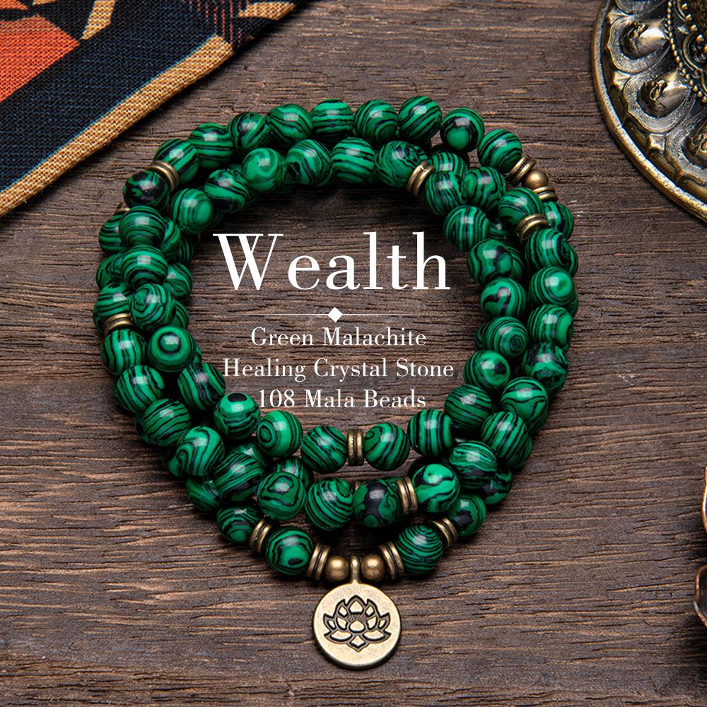 8mm Green Malachite Healing Crystal Stone 108 Mala Beads Money Attraction Bracelet Long Beaded Wrap Bracelets Genuine Gemstone Mala Prayer Beads Lotus Buddha Charm Yoga Meditation Necklace Jewelry Necklace for Ideal Gift , Elegant with Lotus Pendant