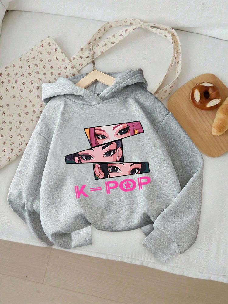 Girls' Kpop Hunter Series Graphic Casual Hoodie, Long Sleeve Cartoon Print Pullover, Casual Comfortable Spring & Fall Fashion, Fitted Style