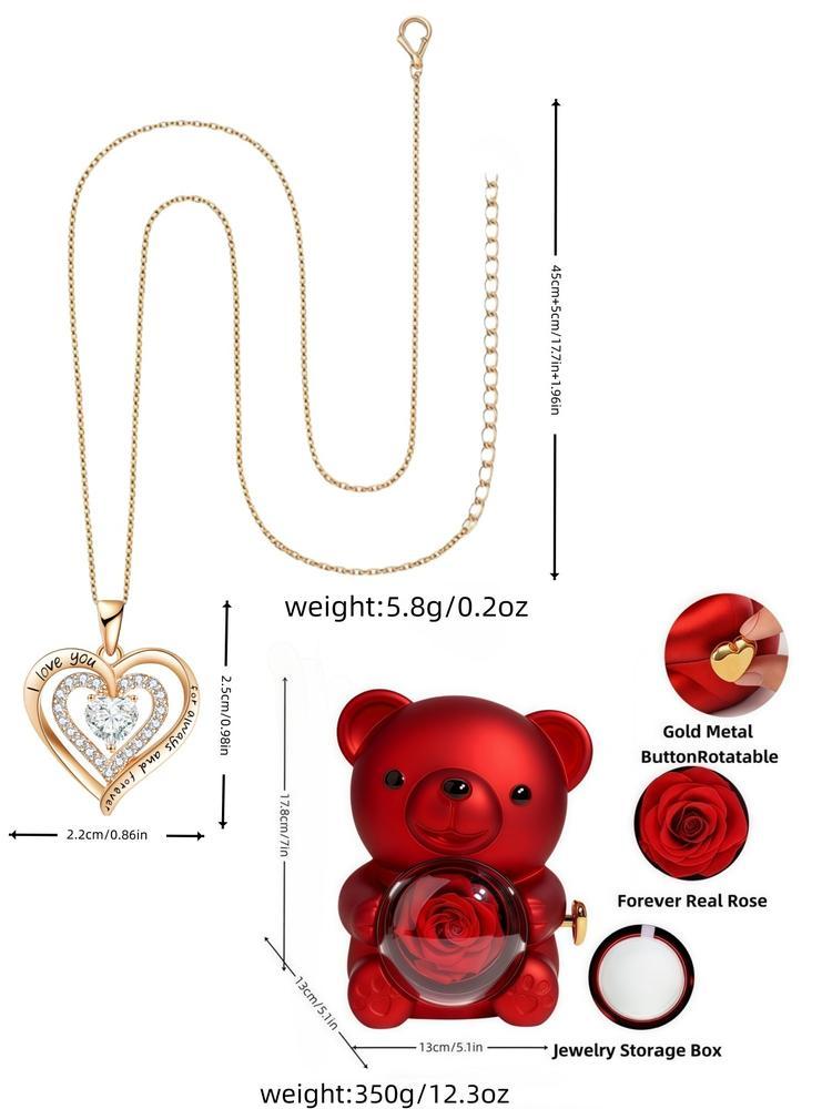 Women's Elegant Heart Design Pendant Necklace with Bear Shaped Rose Gifts Box, Exquisite Trendy Pendant Necklace, Chic Jewelry Set for Girlfriend