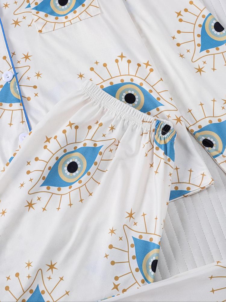 Women's Sleepwear Set, Eye Pattern Print, Holiday Party Pajamas, Soft Shirt Collar Top & Elastic Pants, Casual Home Wear