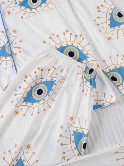Women's Sleepwear Set, Eye Pattern Print, Holiday Party Pajamas, Soft Shirt Collar Top & Elastic Pants, Casual Home Wear