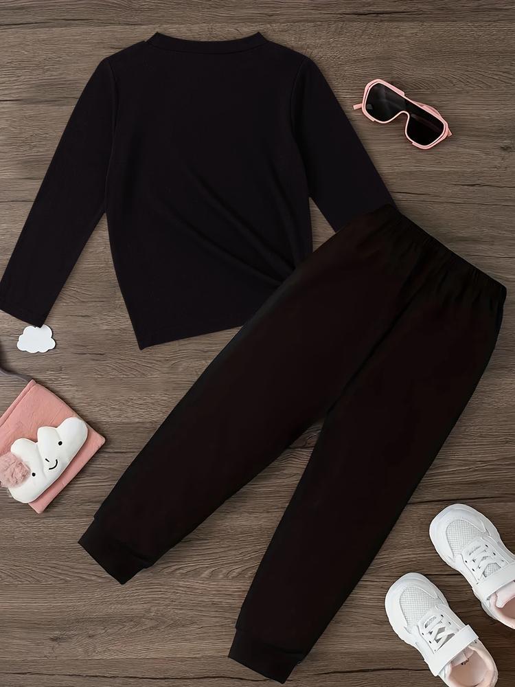 Girls' Kpop Print Long Sleeve T-Shirt & Casual Sweatpants Set, Spring & Fall Fashion, Comfortable Kids Clothing Gift