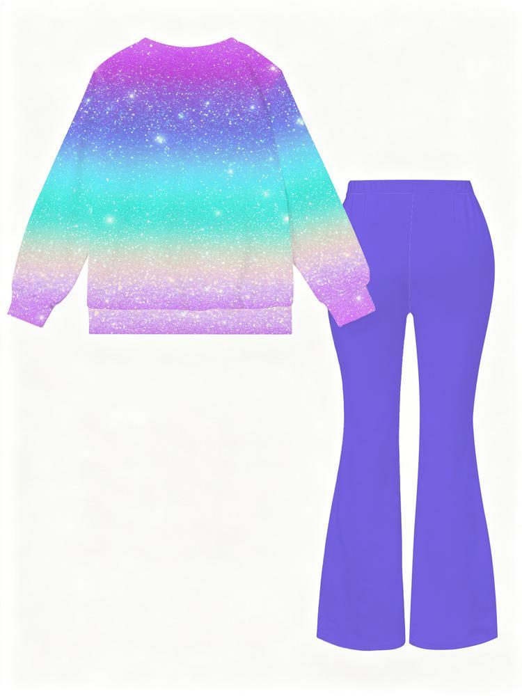 Girls Kpop Demon Hunters Set, Fall & Winter Comfort Fashion, Gradient Starry Sky Group Print Hoodie Bell Bottoms, Perfect Christmas Gift