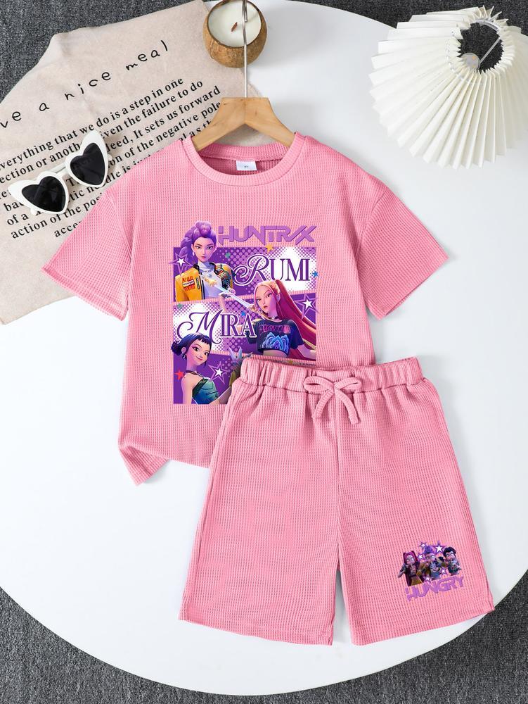 CrevNeck Teen Girls Outfit Purple Graphic Print Short Sleeve T-Shirt & Shorts Set for Spring Summer Fall Casual Wear