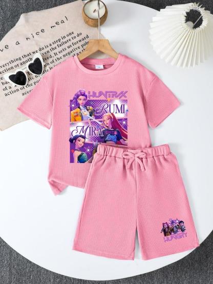 CrevNeck Teen Girls Outfit Purple Graphic Print Short Sleeve T-Shirt & Shorts Set for Spring Summer Fall Casual Wear