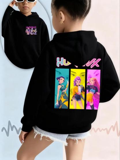 Girls' Kpop Demon Hunters Hoodie, Long Sleeve Cartoon Print Sweatshirt, Casual Fitted Spring & Fall Fashion, Comfortable Trendy Pullover