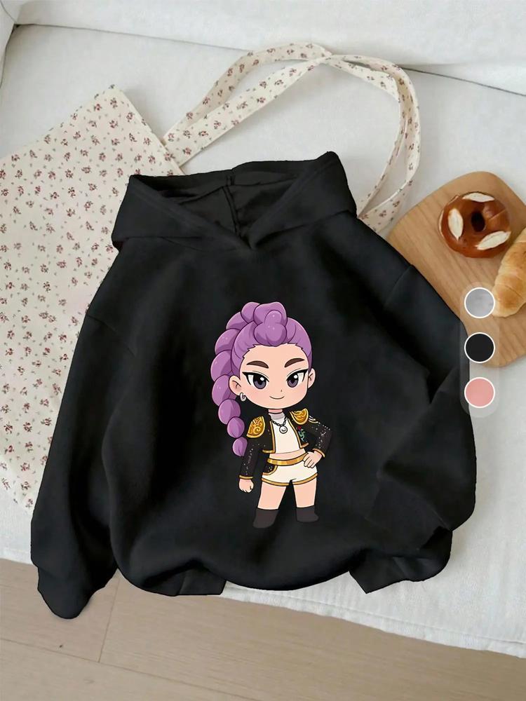 Girls' Kpop Hunter Series Hoodie, Long Sleeve Cartoon Print Pullover, Casual Comfortable Spring & Fall Fashion, Fitted Style, Graphic Casual Hoodie