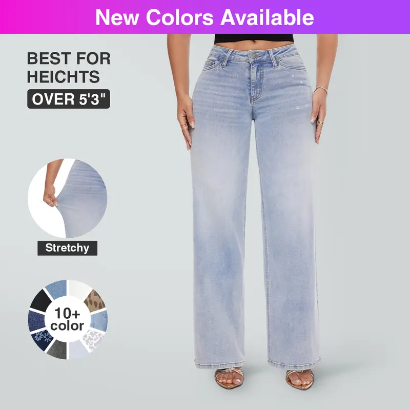 Mid-low Rise Baggy Jeans Stretchy Wide Leg for Women Distressed Pants Light Blue/Dark Blue Womenswear Bottom 8001 Lady Basic Minimalist Comfortable Denim Tummy Control Curve Hugging Plus Size Regular Size BBL