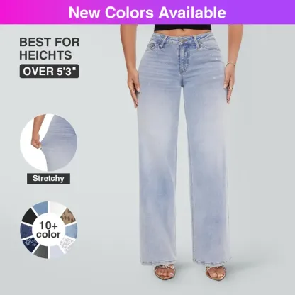 Mid-low Rise Baggy Jeans Stretchy Wide Leg for Women Distressed Pants Light Blue/Dark Blue Womenswear Bottom 8001 Lady Basic Minimalist Comfortable Denim Tummy Control Curve Hugging Plus Size Regular Size BBL