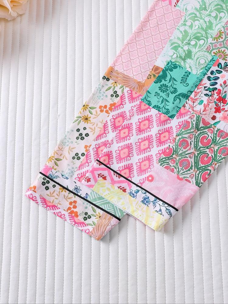 Women's Floral & Plaid Pajama Set, Long Sleeve Button Front Top, Elastic Waist Pants, Casual Fall Winter Sleepwear