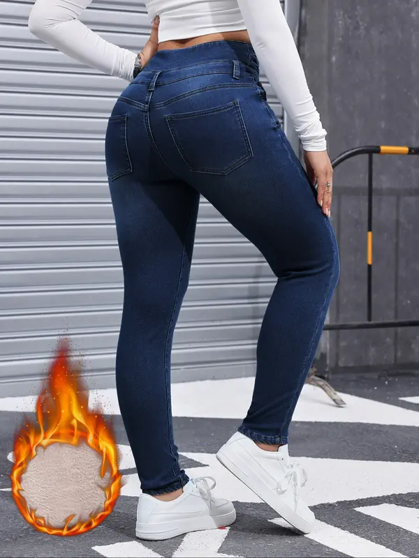 Women's High Elasticity Fleece Lined Thick Denim Jeans, Fall & Winter Fashion, Comfortable Slimming Jeans, Elegant Style