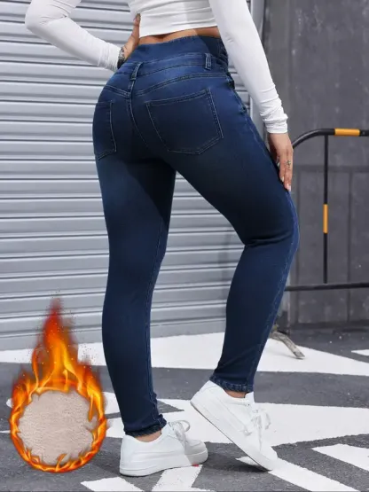 Women's High Elasticity Fleece Lined Thick Denim Jeans, Fall & Winter Fashion, Comfortable Slimming Jeans, Elegant Style