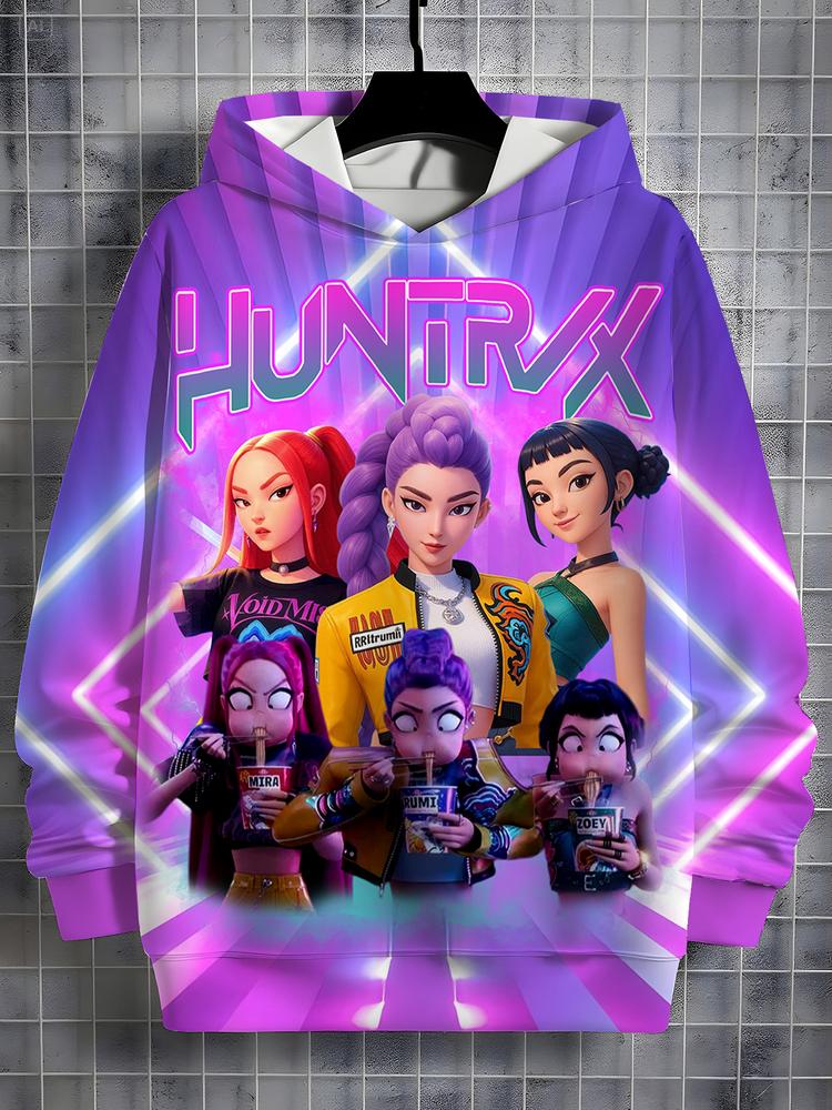 Girls Kpop Demon Hunters Series Light Aesthetic Hoodie, Casual Fall Winter Sportswear, Durable Random Print Design, Christmas Gift