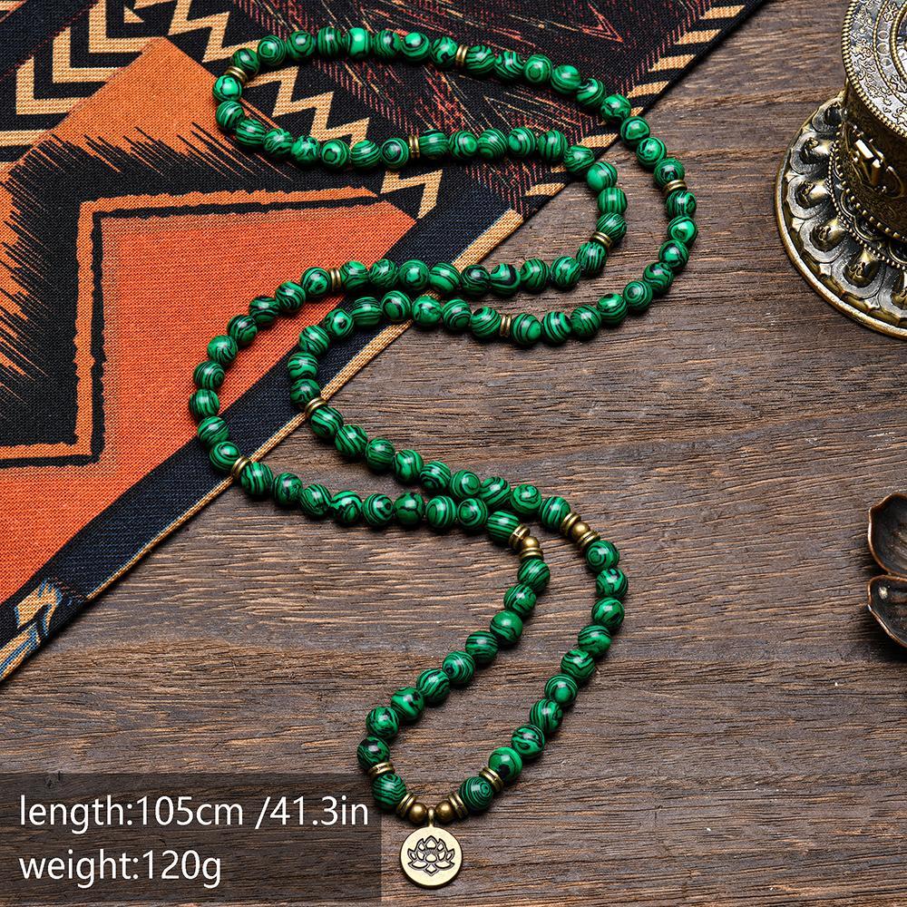 8mm Green Malachite Healing Crystal Stone 108 Mala Beads Money Attraction Bracelet Long Beaded Wrap Bracelets Genuine Gemstone Mala Prayer Beads Lotus Buddha Charm Yoga Meditation Necklace Jewelry Necklace for Ideal Gift , Elegant with Lotus Pendant