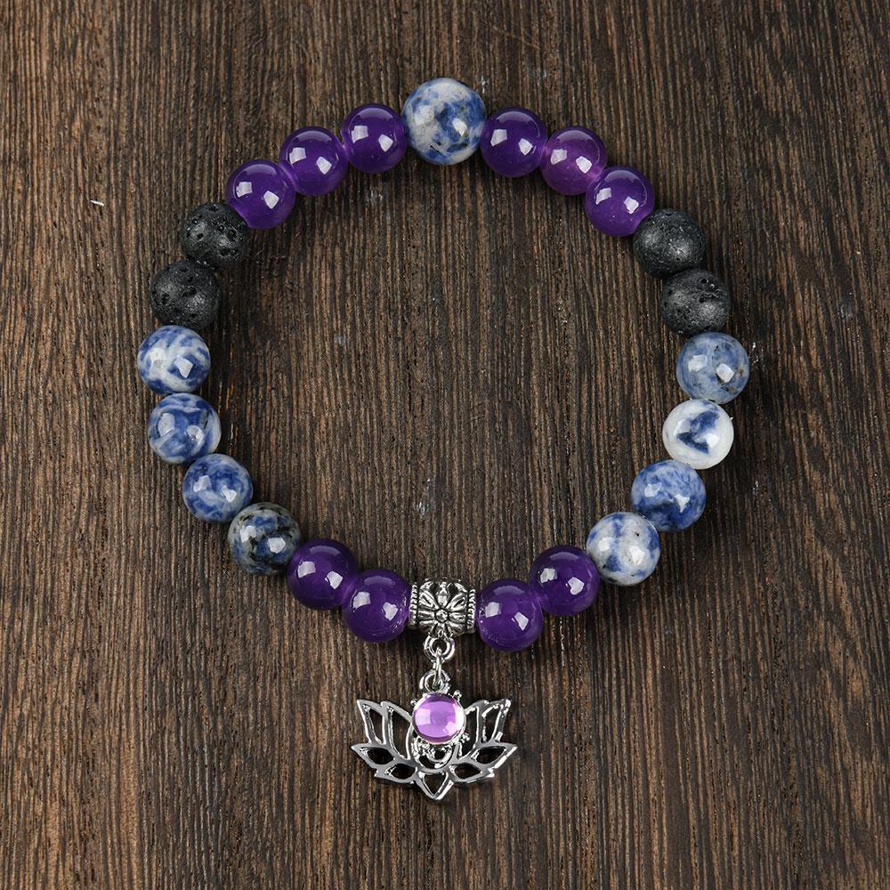 ARPURRAINA Beaded Bangle With Yoga Lotus Charm Natural Stone Crystal Jewelry Blue Bracelet Elastic Band Chakra Protection Encouragement Gift