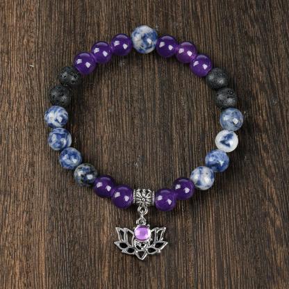 ARPURRAINA Beaded Bangle With Yoga Lotus Charm Natural Stone Crystal Jewelry Blue Bracelet Elastic Band Chakra Protection Encouragement Gift