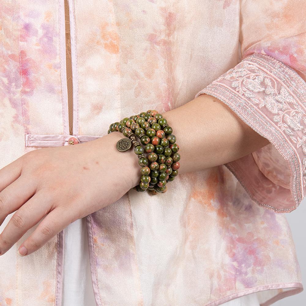 Unakite Healing Crystal Stone 108 Mala Beads Handmade Stacked Elastic Money Attraction Bracelet - Natural Stone Mindfulness Long Beaded Wrap  Genuine Gemstone Mala Prayer Beads Lotus Buddha Charm Yoga Japamala Jewelry Necklace , Elegant with Lotus Pendant