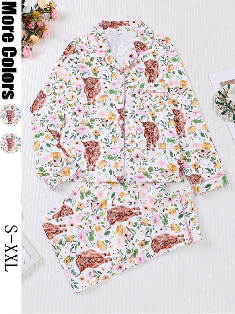 Women's 2-Piece Sleepwear Set, Highland Cow Print, Soft Shirt Collar Top & Elastic Pants, Casual Home Wear for Fall Winter