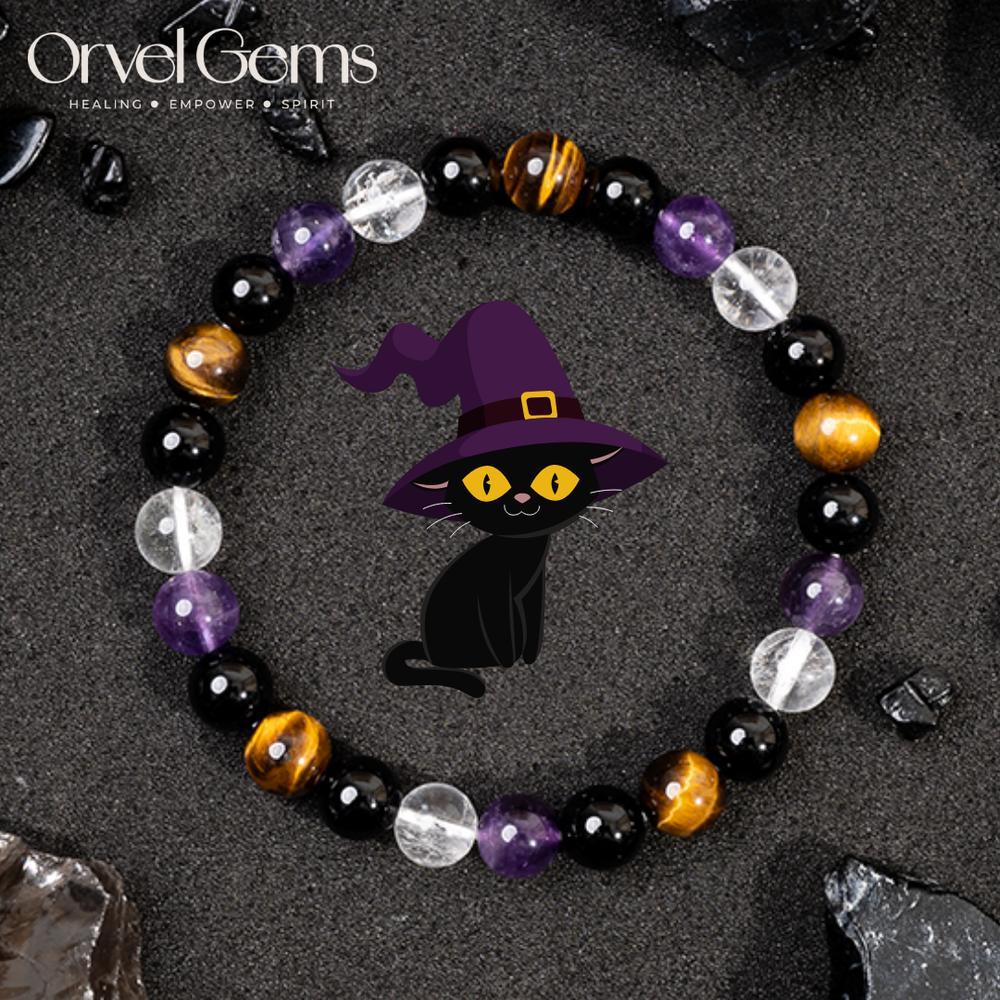 Halloween Protection Crystal Beaded Bracelet – Natural Stone Amethyst Black Onyx Hematite Tigers Eye Agate 8mm beads – Spiritual Grounding, Negative Energy Cleansing, Gift for Women, Men, Friends, Family, Halloween Party, Witchy Jewelry, Protection Amulet