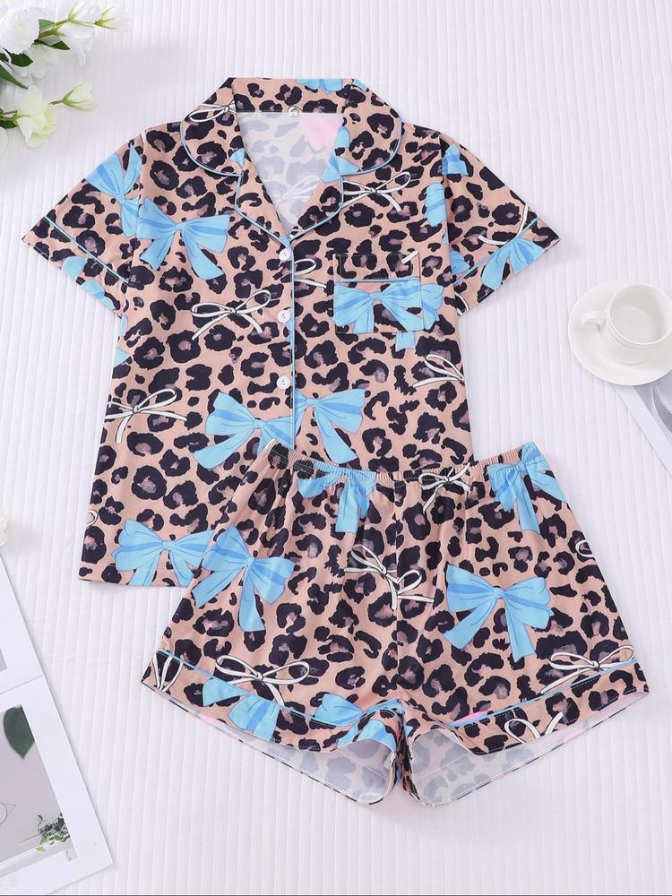 Women's Leopard Bow Printed Sleepwear Set, Casual Holiday, Soft Shirt & Elastic Shorts, All-Season Home Wear