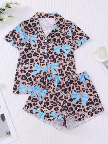 Women's Leopard Bow Printed Sleepwear Set, Casual Holiday, Soft Shirt & Elastic Shorts, All-Season Home Wear