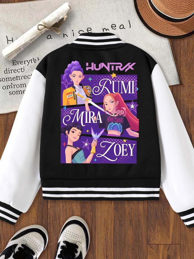 Anime Hunter Girl Short Baseball Jacket, Casual Sports School Uniform, Elastic Fabric, Girls Fall Winter Halloween Outerwear