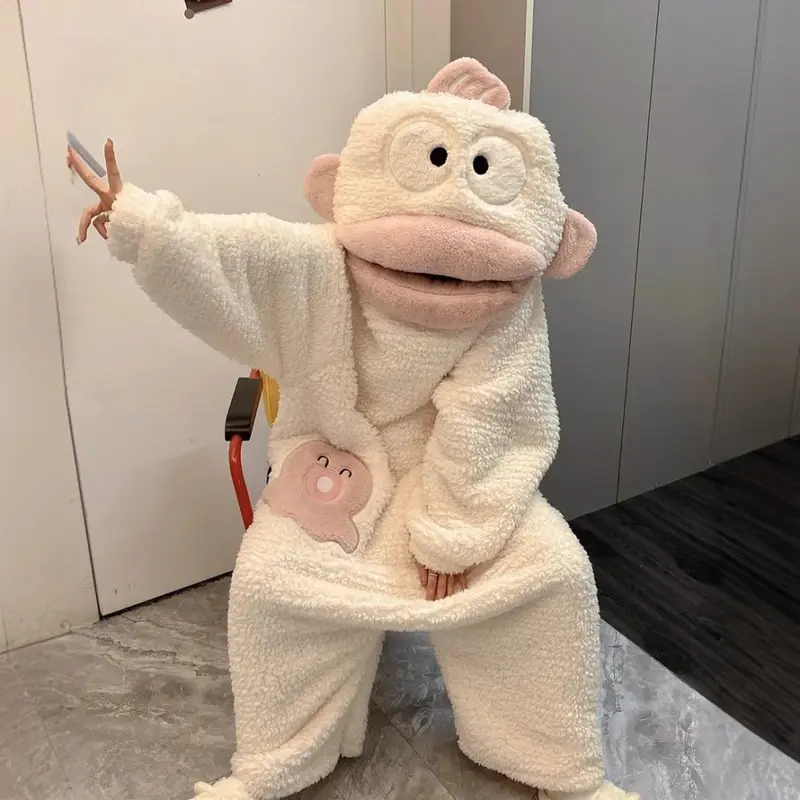 White Ugly Fish Pajamas One-Piece Coral Fleece Thickened Warm Cartoon Big Mouth Fish Homewear for Autumn and Winter