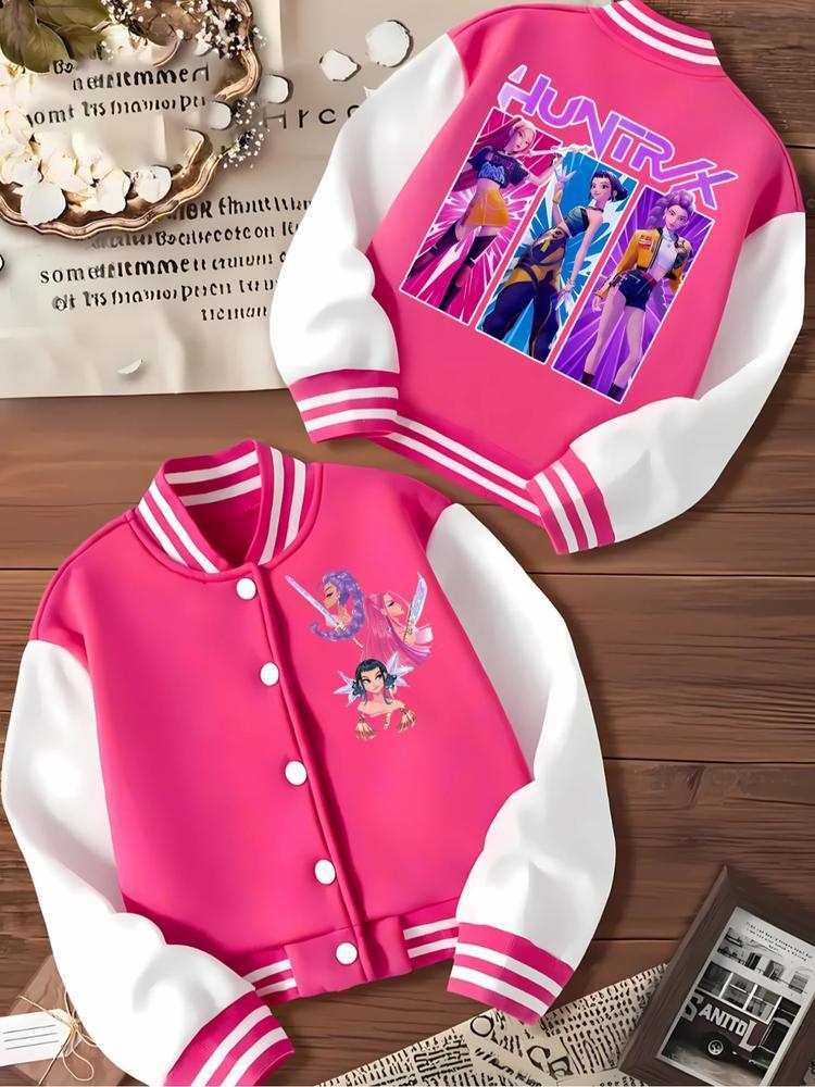 Girls Short Baseball Jacket Coat, Cartoon Design, Elastic Fabric, Street Style, Fall & Winter, Outdoor Indoor Sports Wear, Casual Comfy Jacket
