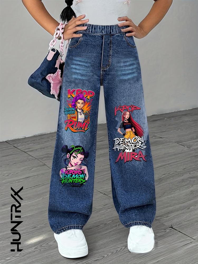 Girls' Graphic Print Jeans, Cartoon Print Pants, Trendy Casual Wear for Ages 8-12, Fitted Denim Jeans for Fall & Winter, Youth Fashion Clothing