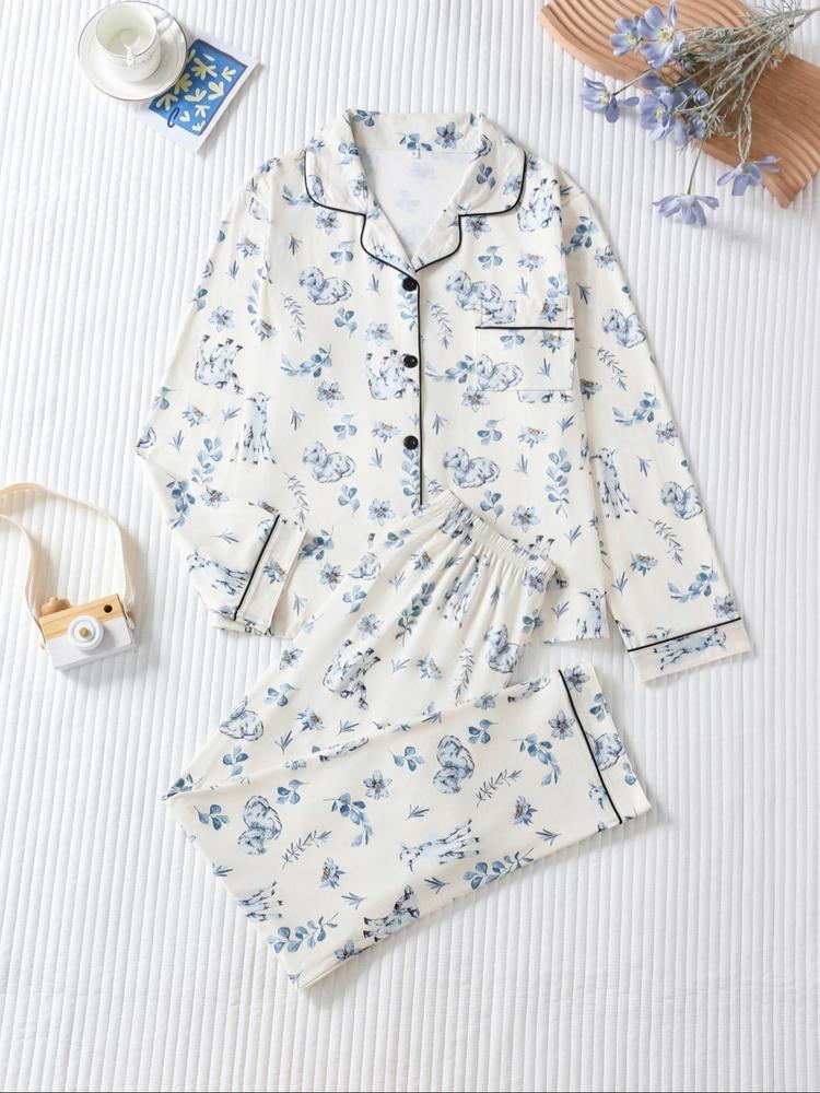 Two-piece Set Women's All Over Dog Print Lapel Neck Button Front Pajama Set, Casual Comfy Long Sleeve Top & Pants Pj Set, Women's Sleepwear for Spring & Fall