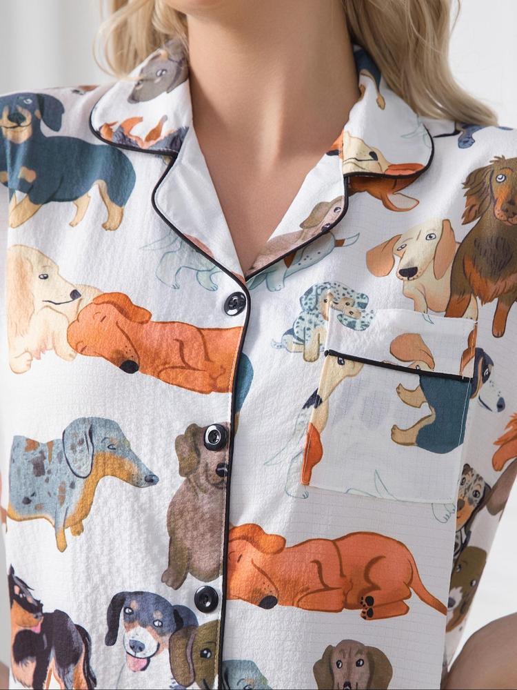 Two-Piece Set Women's Dog Print Lapel Neck Button Front Shirt & Elastic Waist Shorts Textured Pyjama, Casual Comfy Short Sleeve Pocket Top & Shorts PJ Set, Ladies Summer Sleepwear