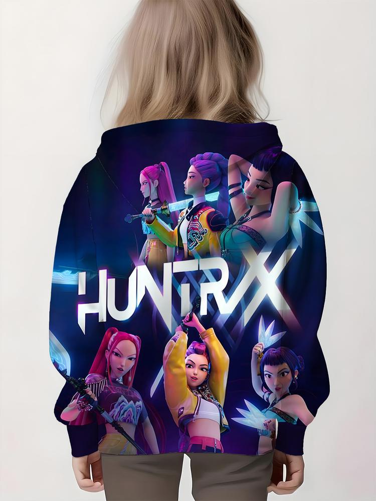 Girls Kpop Demon Hunters Graphic Print Hoodie Set, Casual Fall Winter Sportswear, Fitted Random Print Design, Durable Outdoor Activities, Christmas Gift