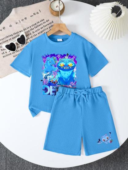 CrevNeck Teen Girls Outfit Purple Graphic Print Short Sleeve T-Shirt & Shorts Set for Spring Summer Fall Casual Wear