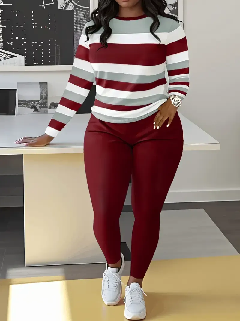 Women's Casual Striped Crew Neck Sweater & Solid Color Pants Set