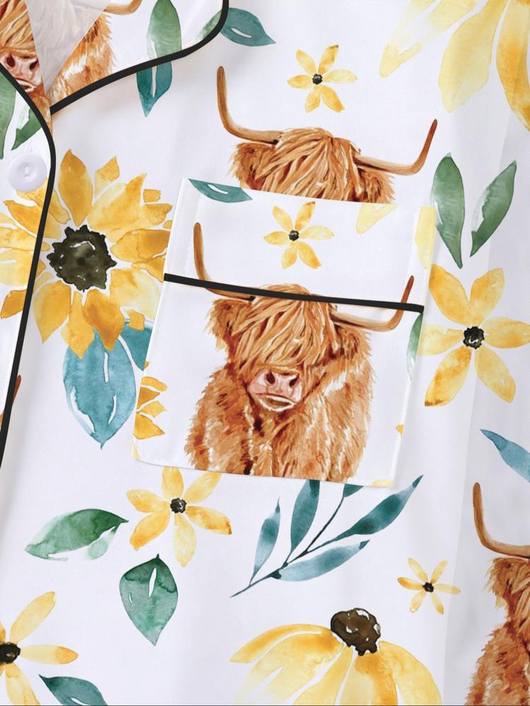 Women's Long Sleeve Sleepwear Set, Highland Cow & Sunflower Print, Soft Fabric, Elegant Casual, Comfortable Flap Collar Top