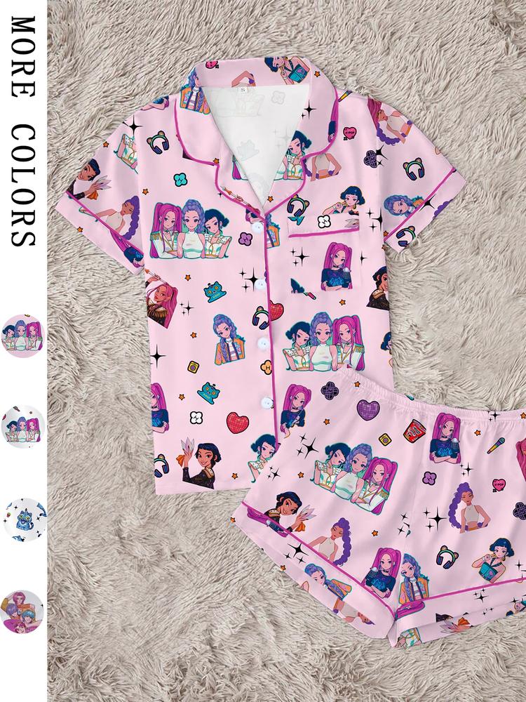 Women's K-Pop Demon Hunter Tiger Pajama Set, Two-Piece Short Sleeve Button-Up Top & Shorts, Comfortable Home Wear, Netflix Fan Gift