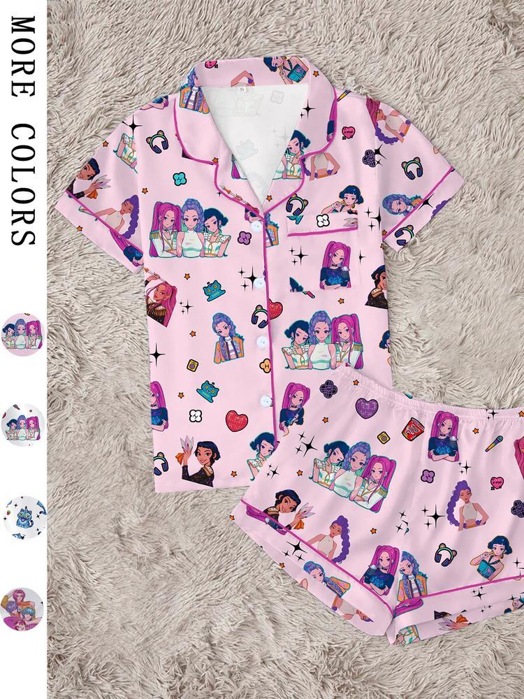 Women's K-Pop Demon Hunter Tiger Pajama Set, Two-Piece Short Sleeve Button-Up Top & Shorts, Comfortable Home Wear, Netflix Fan Gift