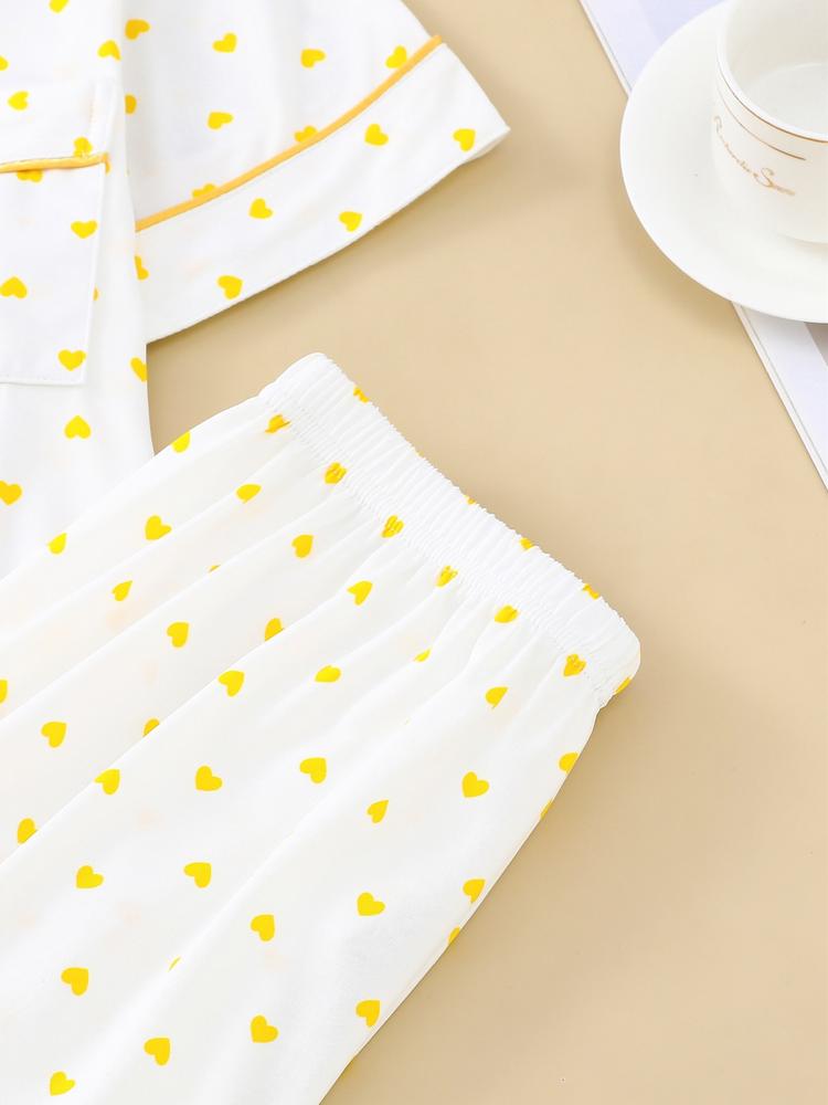 Women's Sleepwear Set, Heart Pattern, Elegant Casual, Comfortable Lapel Short Sleeve Top & Wide Leg Pants, Holiday Party Wear